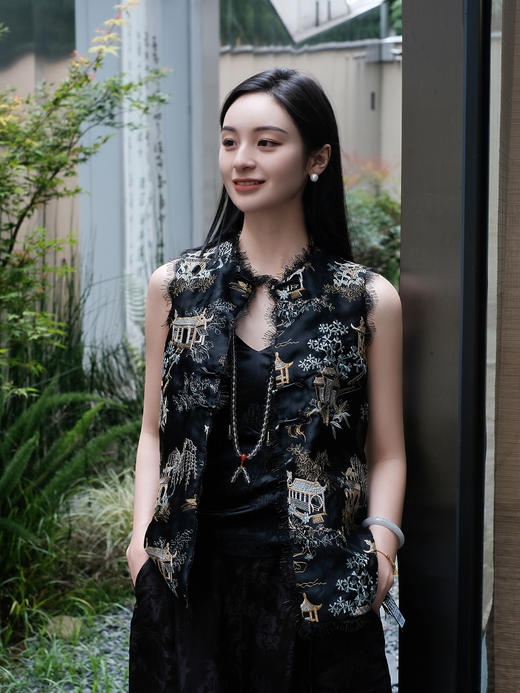  盛唐牡丹 |真丝绡如意湖亭黑蕾丝马甲 商品图3