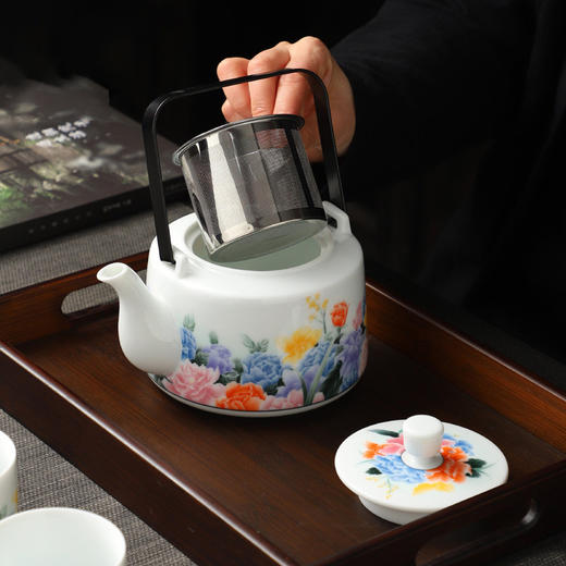 【清仓特惠7.5折】成艺陶瓷大茶壶家用套装提梁壶功夫茶具茶杯泡茶壶描金中式礼盒装花韵古道壶7入 商品图3
