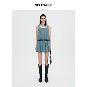 SELFWHO浮影牛仔系列纯棉牛仔连衣裙女秋2024新款拼接a字百褶裙子