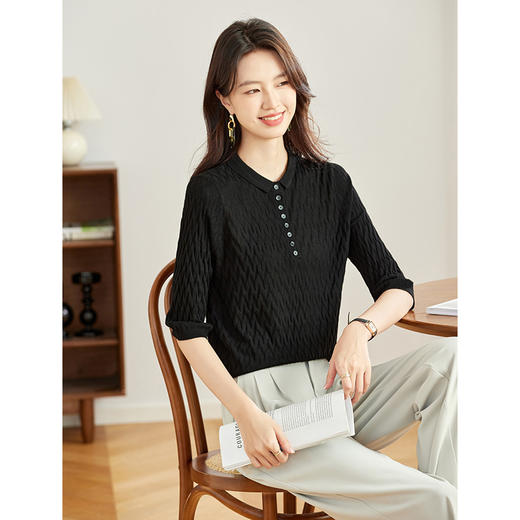 CC-16-9002早秋七分袖针织小衫女宽松上衣薄款春秋小翻领中袖打底 商品图1