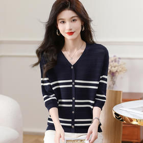 CC-5-6006小香风条纹针织衫中袖t恤女2024早秋装薄款时尚洋气七分袖上衣