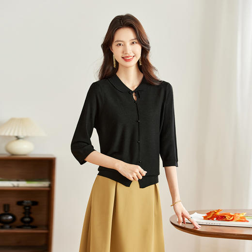 CC-16-9005娃娃领七分袖t恤女2024早秋新款中袖洋气减龄薄款针织衫漂亮上衣 商品图3