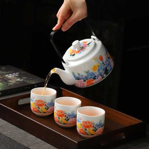【清仓特惠7.5折】成艺陶瓷大茶壶家用套装提梁壶功夫茶具茶杯泡茶壶描金中式礼盒装花韵古道壶7入 商品图1
