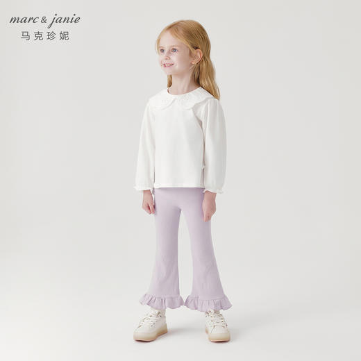 马克珍妮女童镂空大翻领泡泡袖打底衫儿童T恤春秋款上衣241182 商品图1