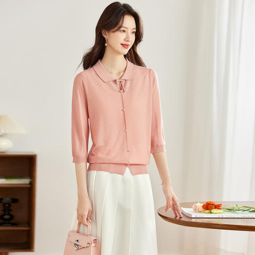 CC-16-9005娃娃领七分袖t恤女2024早秋新款中袖洋气减龄薄款针织衫漂亮上衣 商品图1