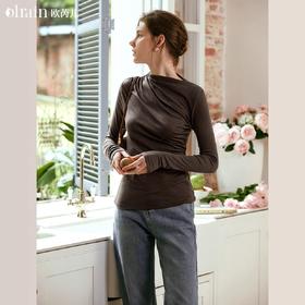 OLrain欧芮儿咖色长袖针织衫女早秋2024年新款褶皱修身打底上衣