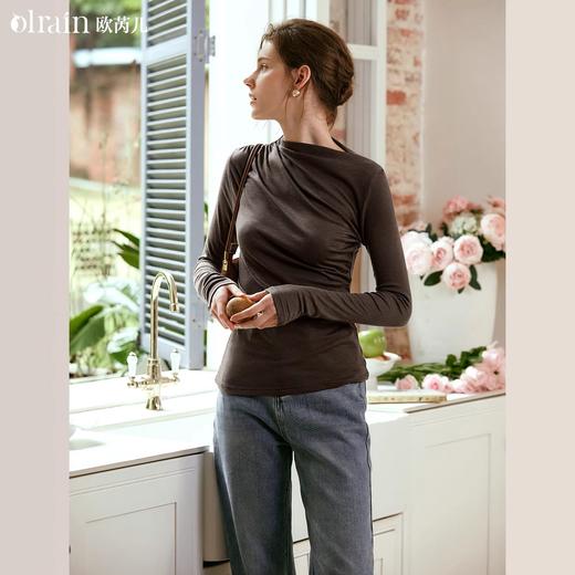 OLrain欧芮儿咖色长袖针织衫女早秋2024年新款褶皱修身打底上衣 商品图0