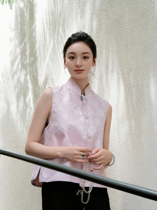 盛唐牡丹 |杏花粉翟鸟纹真丝异色罗马甲 商品图1