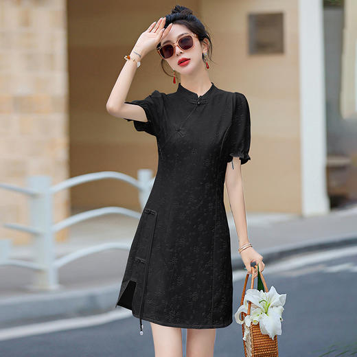 2025年夏款中长款立领短袖提花A字裙新中式国风气质连衣裙HMQY5326 商品图1