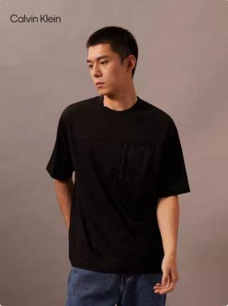 CK Jeans男士拉链网袋休闲运动净色短袖T恤J325880 商品图0