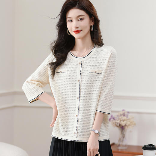 CC-5-6002小香风圆领七分袖t恤女早秋新款针织衫宽松薄款时尚减龄中袖上衣 商品图2