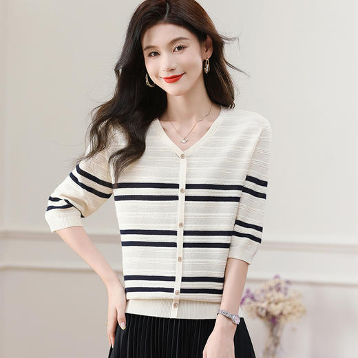 CC-5-6006小香风条纹针织衫中袖t恤女2024早秋装薄款时尚洋气七分袖上衣 商品图3
