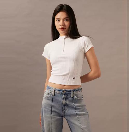 CK Jeans女士简约刺绣螺纹拉链半开襟短袖T恤J223564 商品图0
