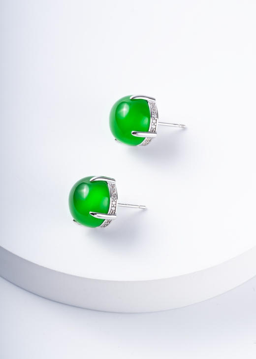 722-8 镶钻四爪绿玉髓耳钉 鸽子蛋型素面【8mm】【12mm】 商品图1