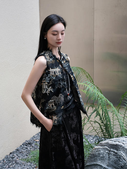  盛唐牡丹 |真丝绡如意湖亭黑蕾丝马甲 商品图1