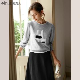 
OLrain欧芮儿法式圆领针织衫女早秋2024新款趣味提花图案减龄上衣