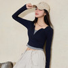 设计感撞色假两件排扣长袖T恤女V领修身短款上衣V0042485 商品缩略图2