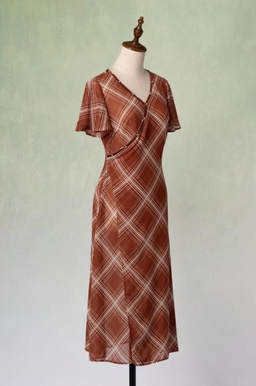 荷言GL 何知 棕红色格纹复古连衣裙波浪袖凉感夏季 商品图3