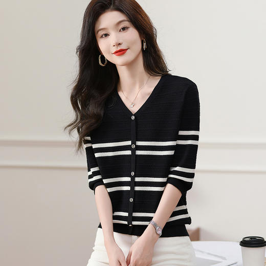 CC-5-6006小香风条纹针织衫中袖t恤女2024早秋装薄款时尚洋气七分袖上衣 商品图1