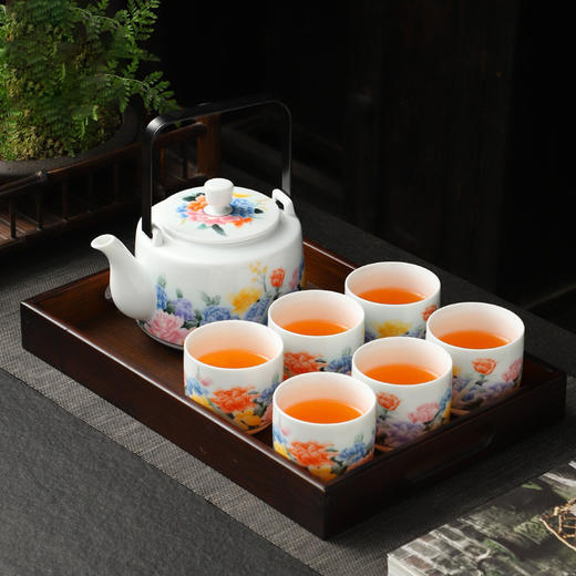 【清仓特惠7.5折】成艺陶瓷大茶壶家用套装提梁壶功夫茶具茶杯泡茶壶描金中式礼盒装花韵古道壶7入 商品图4