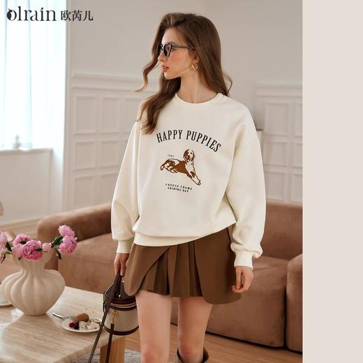 OLrain欧芮儿美式杏色刺绣卫衣女早秋2024年新款宽松休闲慵懒上衣 商品图0