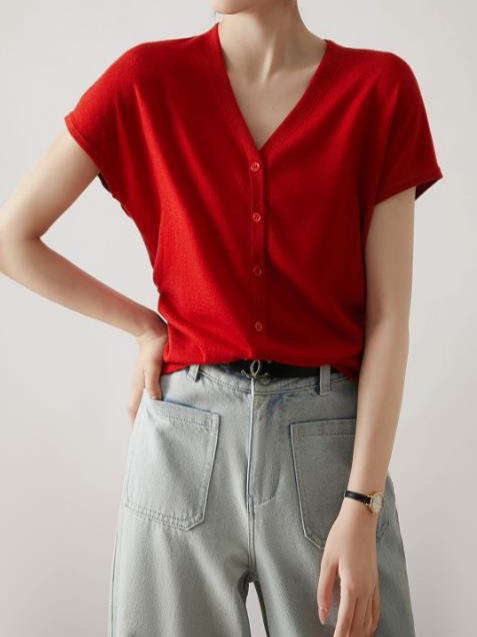 【小蛮腰针织】16针丝光打褶收腰V领小飞袖针织上衣 商品图1