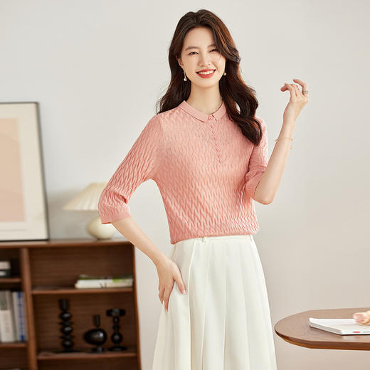 CC-16-9002早秋七分袖针织小衫女宽松上衣薄款春秋小翻领中袖打底 商品图2