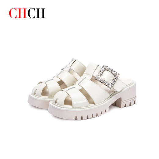 CHCH专柜同款春夏新品牛皮革方钻猪笼半拖CN1B1051 商品图5