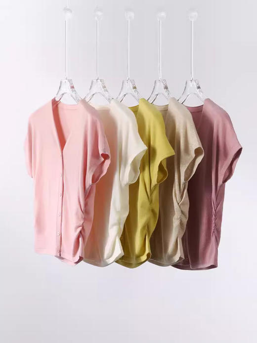 【小蛮腰针织】16针丝光打褶收腰V领小飞袖针织上衣 商品图3