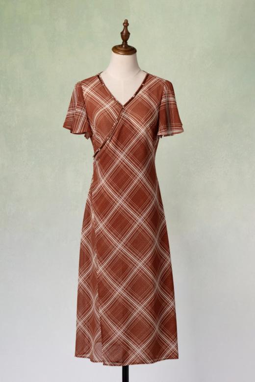 荷言GL 何知 棕红色格纹复古连衣裙波浪袖凉感夏季 商品图2