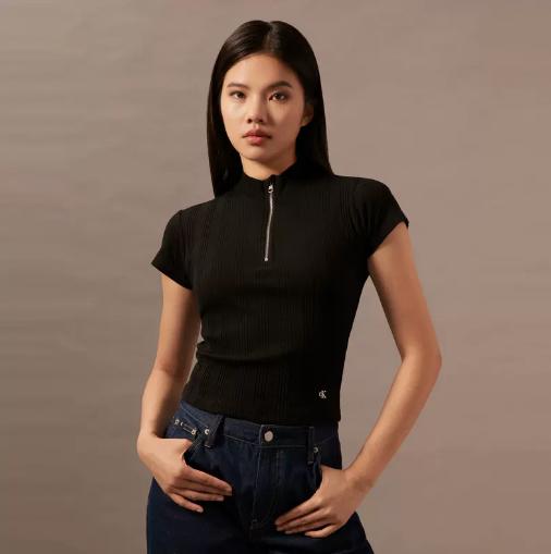 CK Jeans女士简约刺绣螺纹拉链半开襟短袖T恤J223564 商品图1