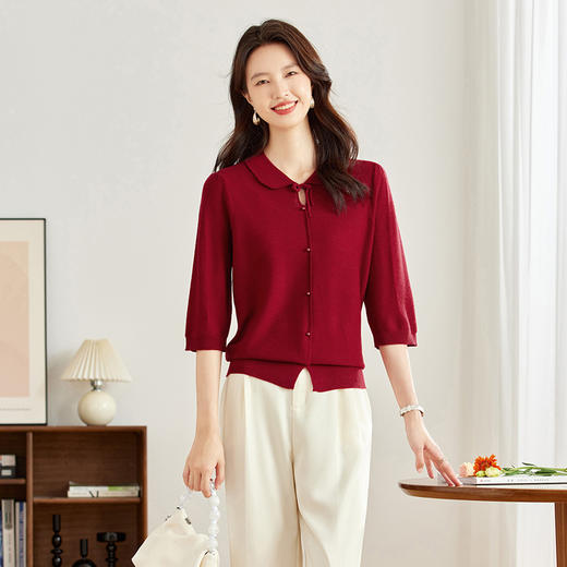 CC-16-9005娃娃领七分袖t恤女2024早秋新款中袖洋气减龄薄款针织衫漂亮上衣 商品图2