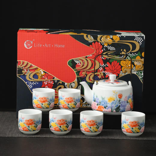 【清仓特惠7.5折】成艺陶瓷大茶壶家用套装提梁壶功夫茶具茶杯泡茶壶描金中式礼盒装花韵古道壶7入 商品图0