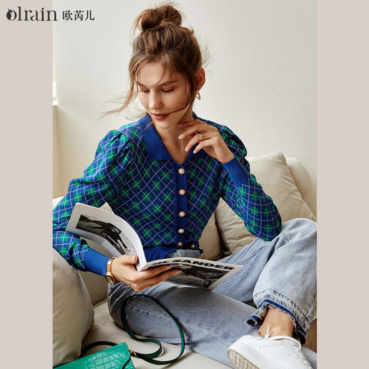 
欧芮儿格子开衫毛衣女秋季新款2024修身显瘦法式复古外穿蓝色上衣 商品图0