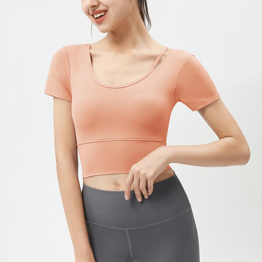 新款瑜伽服女短袖 含胸垫露脐美背运动T恤跑步健身上衣 YN 000 17-21 商品图1