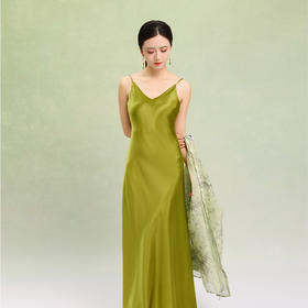 荷言GL 碧玉簪 进口醋酸缎绿色吊带长裙V领修身内搭斜裁宽松吊带