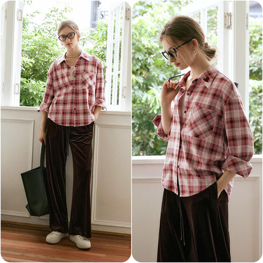 
OLrain欧芮儿法式格子长袖休闲衬衫女秋2024新款减龄宽松格纹衬衣 商品图1