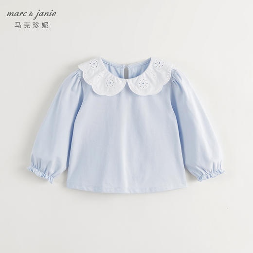 马克珍妮女童镂空大翻领泡泡袖打底衫儿童T恤春秋款上衣241182 商品图2