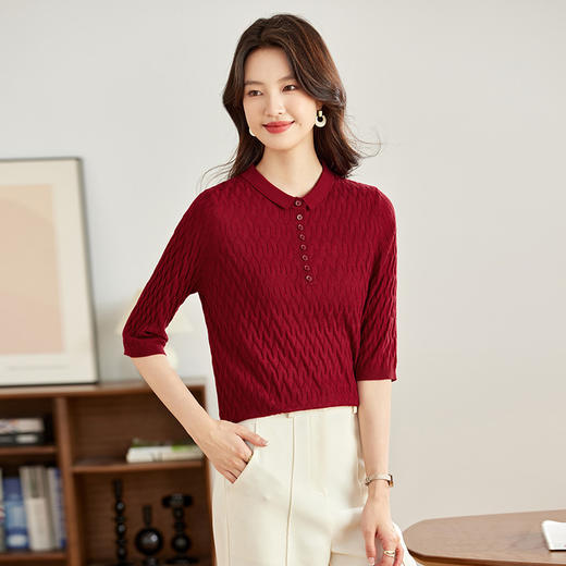 CC-16-9002早秋七分袖针织小衫女宽松上衣薄款春秋小翻领中袖打底 商品图3