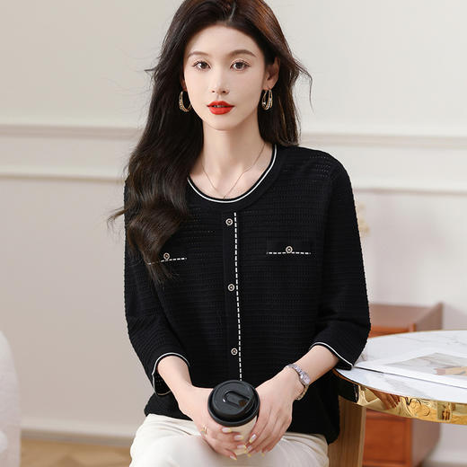CC-5-6002小香风圆领七分袖t恤女早秋新款针织衫宽松薄款时尚减龄中袖上衣 商品图1
