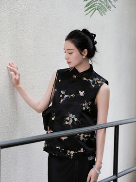 盛唐牡丹 |黑色如意葫芦纹真丝双面穿马甲