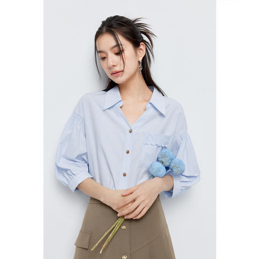 【商场同款】诗凡黎蓝色翻领气质衬衫2024夏新款衬衣女3F4120931 商品图0