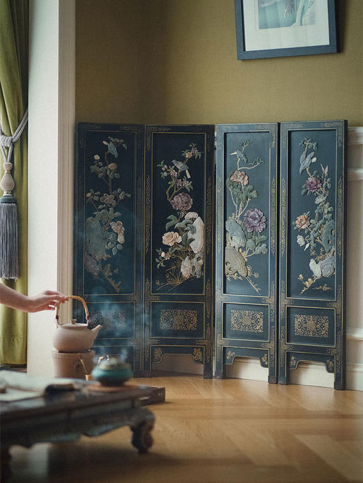 独角鹿西洋古董 20世纪中国创汇时期出品「国色天香」主题硬石镶嵌四曲屏风 商品图1