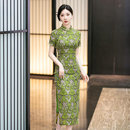 SYG-906绿色织锦提花旗袍2024春夏新中式复古民国风改良年轻款优雅气质 商品图1