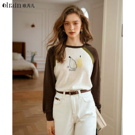 
OLrain欧芮儿复古撞色插肩袖针织衫女秋季2024新款刺绣长袖上衣