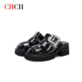 CHCH专柜同款春夏新品牛皮革方钻猪笼半拖CN1B1051