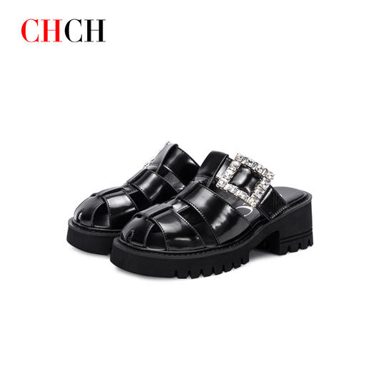 CHCH专柜同款春夏新品牛皮革方钻猪笼半拖CN1B1051 商品图0