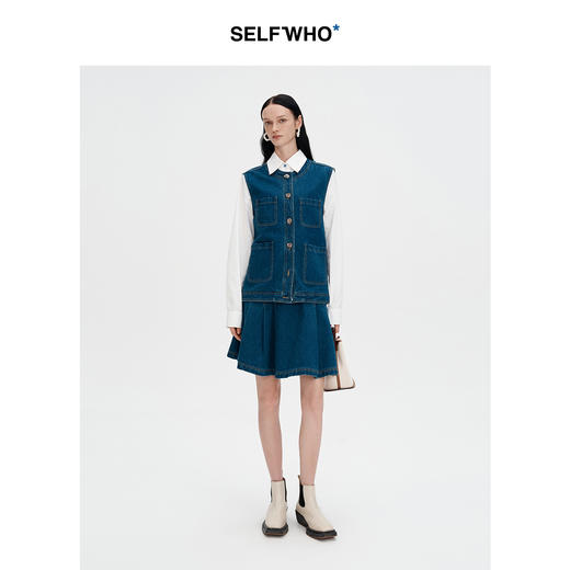 SELFWHO浮影牛仔系列纯棉牛仔短裙半裙女秋2024新款高腰a字百褶裙 商品图2