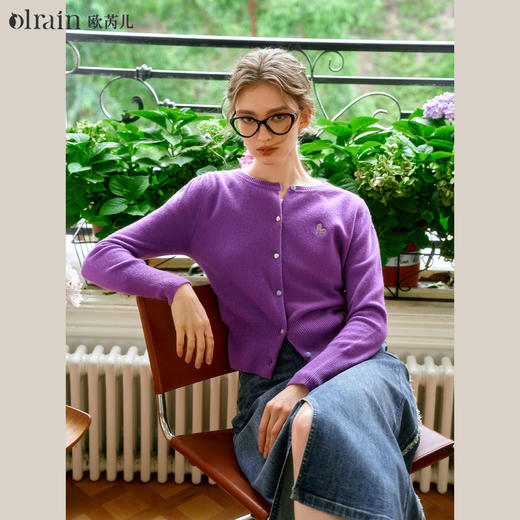 
OLrain欧芮儿法式紫色针织开衫女早秋2024年新款复古刺绣显瘦上衣 商品图0