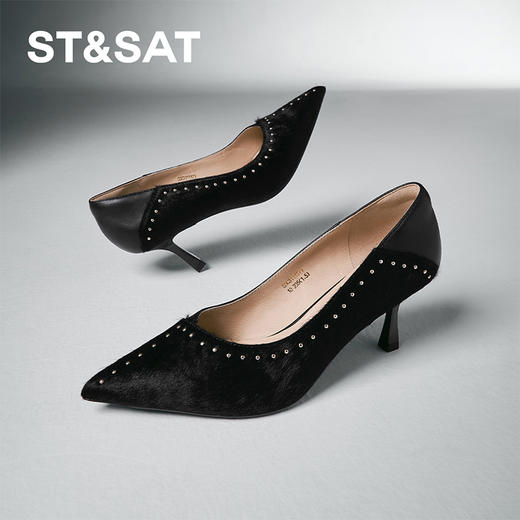 星期六优雅蛇纹铆钉尖头高跟鞋SSC3111171 商品图0